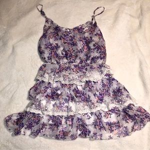 Pretty Purple Floral Tiered Dress with Lace | Spaghetti Straps | Large